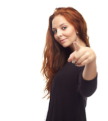 Image showing Fashion, woman and portrait with pointing at you in studio and confidence, good mood and motivation on mock up space. Young person, model and face with smile or selection on white background with joy