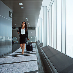 Image showing Walking, airport or businesswoman with phone, suitcase or luggage on social media or online. Travel, airplane or corporate lady texting to chat on mobile app on international flight transportation