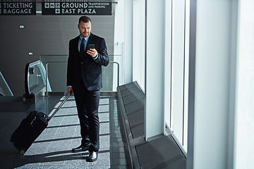 Image showing Travel, airport or businessman with phone, luggage or suitcase on social media or waiting. Booking, airplane or corporate worker texting to chat on mobile app on international flight transportation