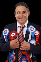 Image showing Man, vote and suit for politician, ribbons and candidate for support, government and politics. Elections, voter choice and representative for party, registration and democracy for voting register