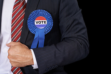 Image showing Man, vote and suit for election, ribbon and politician for support, government and politics. Elections, voter choice and representative for party, registration and democracy for voting register