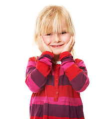 Image showing Portrait, girl and kid with a smile, excited and happiness isolated on a white studio background. Face, person and model with joy, childhood and Canada with mockup space, reaction and emotions