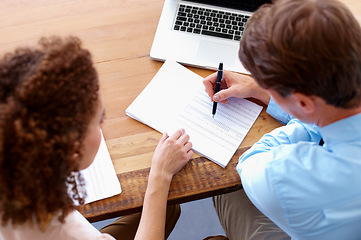 Image showing Paperwork, discussion and business people in collaboration in the office planning a legal agreement. Professional, document and top view of team of lawyers in conversation with contract in workplace.