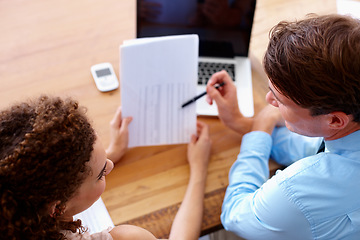 Image showing Document, discussion and business people in collaboration in the office planning a legal agreement. Professional, paperwork and top view of team of lawyers in conversation with contract in workplace.