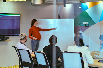 Image showing A pregnant business woman with orange hair confidently presents her business plan to colleagues in a modern glass office, embodying entrepreneurship and innovation