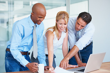 Image showing Business people, teamwork and documents or laptop for budget planning, financial report or audit review in an office. Professional manager, boss and group with paperwork, computer or taxes management