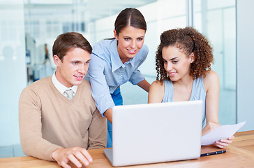 Image showing Business people, teamwork and planning on laptop for marketing feedback, manager advice and support in office. Professional mentor, internship employees and computer for copywriting and collaboration