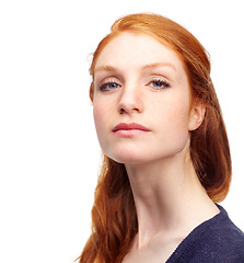 Image showing Portrait, person and woman with confidence, redhead and beauty isolated on a white studio background. Face, girl and model with mockup space, casual and freckles with promotion, Edinburgh and ginger