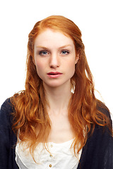 Image showing Portrait, girl and woman with confidence, redhead and beauty isolated on a white studio background. Face, person and model with mockup space, casual and hair with peace, Scotland ginger