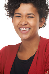 Image showing Woman, laughing and face in portrait, studio and funny joke or comedy, fun and white background. Female person, silly and humor or goofy, comic and positive mindset or excited, freedom and backdrop