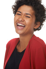 Image showing Woman, laughing and humor in portrait, studio and funny joke or comedy, fun and white background. Female person, silly and happy or goofy, comic and positive mindset or excited, smile and mockup