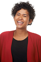 Image showing Woman, laughing and happy in portrait, studio and funny joke or comedy, fun and white background. Female person, silly and humor or goofy, comic and positive mindset or excited, freedom and mockup