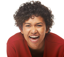 Image showing Happy woman, laughing and face in portrait, studio and funny joke or comedy by white background. Female person, silly and humor or goofy, comic and positive mindset or excited, smile and mockup