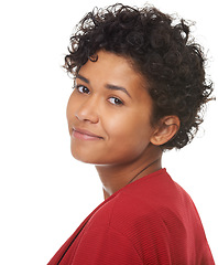 Image showing Woman, natural and smile in portrait, studio and confidence for fashion, proud and beauty. Mexican female person, face and positive mindset in mockup, curly hair and isolated by white background