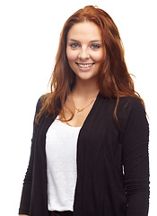 Image showing Fashion, woman and portrait with smile in studio for confidence, pride and good mood on white background. Young person, smile or face with pride, happiness and casual outfit on mock up space with joy