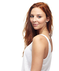 Image showing Portrait, happy woman and smile for clothes in studio on white background for fashion mockup. Female model, confident and look on face for cool, modern or trendy style for casual streetwear in space