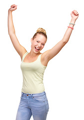 Image showing Teenager, portrait and excited hands in studio celebration announcement, winning or achievement. Female person, face and cheers celebrate for discount deal or offer exited, white background as mockup