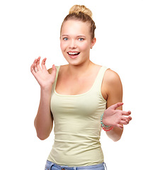 Image showing Woman, portrait and surprise hands in studio for excited shock for wow, announcement or information. Female person, model and face for omg good news or emoji expression, white background as mockup