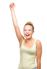 Image showing Teenager, portrait and celebrate cheer in studio for winning support, happy victory or celebration achievement. Female person, hands and competition good news or excited, white background as mockup