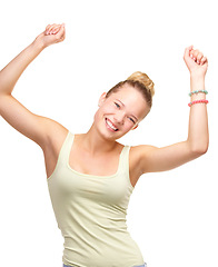 Image showing Teenager, portrait and celebrate happy in studio celebration announcement, winning or achievement. Female person, face and dance hands for discount deal or offer exited, white background as mockup