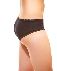 Image showing Woman, buttocks and underwear closeup in studio for weight loss results, health on white background. Female person, leg and thigh in lingerie panties for elegant wellness, skin as mockup space