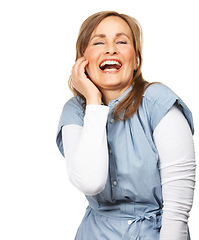 Image showing Comic, happy and portrait of woman in a studio for funny and silly joke in conversation. Smile, excited and confident mature female model with goofy face expression isolated by white background.