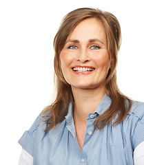 Image showing Happy, portrait and mature woman in a studio with positive, good and confident attitude. Smile, excited and female model from Canada with makeup, cosmetic or beauty face isolated by white background.