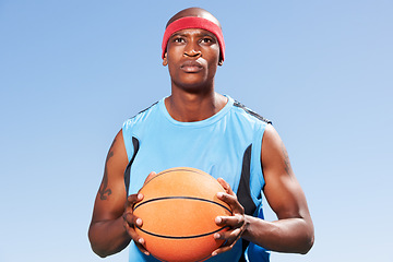 Image showing Confident, basketball player and outdoor portrait for sport, game and competition in summer with sky background. Serious, black man and exercise with ball, goals or fitness from playing and training