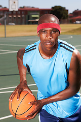 Image showing Basketball, player and portrait on outdoor court for fitness challenge or sports train for game, match as athlete. Black man, face in summer win or goal dunk score or competition, cardio or confident