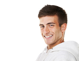 Image showing Portrait, happy and man in hoodie for fashion isolated on white background mockup space. Young person smile, face of model and stylish clothes, casual or cool facial expression in Spain on backdrop