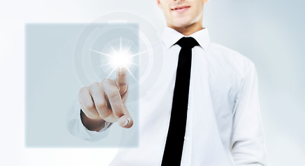 Image showing Businessman, hand and touching overlay, HUD or dashboard for futuristic interaction on mockup space. Closeup of man, user or employee with holographic display, box or interface for UI, UX or screen