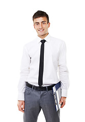 Image showing Happy businessman, portrait and clipboard for accounting or documents in finance against a white studio background. Young man, accountant or employee smile with paperwork in business proposal or idea