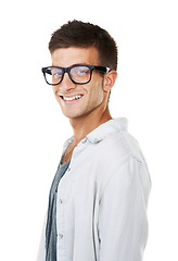 Image showing Portrait, happy man and glasses with smile in studio for eye care mock up on white background. Male model, student and excited for correction of glaucoma, pupil or vision with new, frame and lens