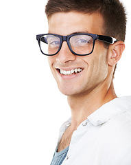 Image showing Portrait, happy man and smile with glasses in studio for mock up on white background. Male model, person and creative with spectacles for vision with new, lens and frame for sight, myopia or eye care