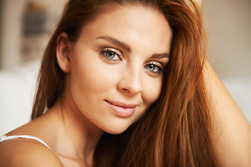 Image showing Happy woman, portrait and face in beauty, hair care or makeup cosmetics at spa or salon. Closeup of attractive young female person, ginger or model smile for hairstyle, skincare or facial treatment