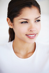 Image showing Thinking, beauty and face of woman on a white background with cosmetics, wellness and skincare. Dermatology, happy and isolated Asian person with thoughtful, wondering and confidence in studio