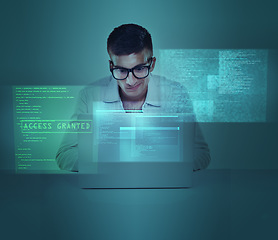 Image showing Laptop, overlay and database with a hacker man in studio on a blue background for cybersecurity or networking. Computer, information technology and cloud computing with a software engineer at work