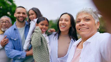 Image showing Park selfie of big family, happy kids and parents, smile and bonding on weekend in nature. Photography, fun and memory for grandparents, mother and father with children in garden portrait with love.