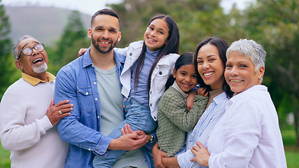 Image showing Park portrait of grandparents, happy kids and parents, smile and bonding adventure in nature. Hug, fun or memory for big family on picnic, men and women with children in garden with love, mom and dad