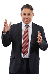 Image showing Portrait, business and man with politics, promotion or information isolated on white studio background. Mature person, government official or representative with opportunity, speaking pr announcement