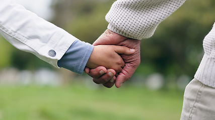 Image showing Holding hands, closeup and park with father, child and walking with bonding, love and security in nature. Dad, kid and safety with trust, care and support for holiday, freedom or adventure together