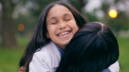 Image showing Girl, smile and hug mom in garden, backyard and outdoor with love, care and support together. Happy, child and mother in embrace with joy, freedom and family in park or nature on holiday or vacation