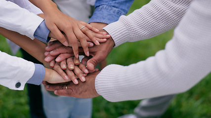 Image showing People, hands stack and circle in park for support, teamwork or solidarity with goals in nature. Group, huddle and outdoor for family trust, link and connection with synergy with motivation on lawn