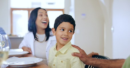 Image showing Happy, boy and talking to grandfather at dinner, lunch or family bonding together at table Generations, mother and kid conversation with senior man in home at brunch with love, care and support