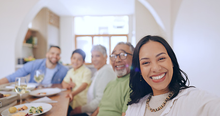 Image showing Home, selfie and family with celebration, smile or festive season with a Christmas meal, bonding together or generations. Portrait, grandparents or mother with father, child or kid with food or lunch