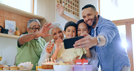 Image showing Child with birthday cake, selfie and family to celebrate with smile, fun and love together in home. Photography, gift and congratulations, parents and grandparents at kids party with excited boy.