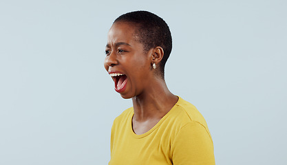 Image showing Anxiety, stress and angry black woman screaming in studio with broken heart, grief or fear on grey background. Psychology, depression and African female model shouting with trauma, conflict or crisis