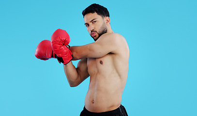 Image showing Fitness, boxer and portrait of man stretching in studio for workout, training or mindset on blue background. Health, exercise and face of male athlete with boxing gloves for body, warm up or sports