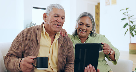 Image showing Home, tablet and old couple with video call, coffee and conversation with connection, online chatting or network. Apartment, elderly woman or senior man with technology, tea or break with digital app