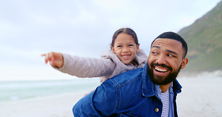 Image showing Beach, happiness and dad piggyback child, girl or daughter on travel holiday, vacation or outdoor wellness. Freedom, nature or happy family papa, kid and bonding for Fathers Day love, support or care